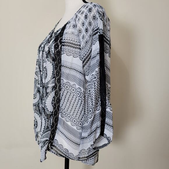 Valerie Stevens M Button Front 3/4 Raglan Sleeve Scoop Neck Lace Blouse Top - Picture 8 of 16